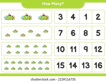 Counting game, how many Submarine. Educational children game, printable worksheet, vector illustration