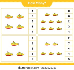 Counting game, how many Submarine. Educational children game, printable worksheet, vector illustration
