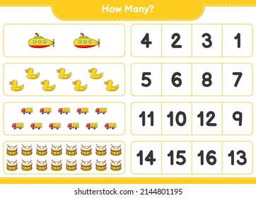 Counting game, how many Submarine, Rubber Duck, Lorry, and Drum. Educational children game, printable worksheet, vector illustration