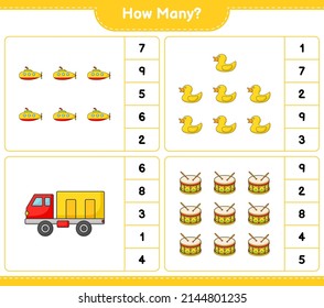 Counting game, how many Submarine, Rubber Duck, Lorry, and Drum. Educational children game, printable worksheet, vector illustration
