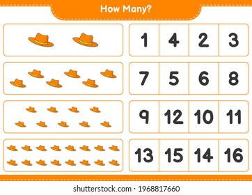 Counting game, how many Summer Hat. Educational children game, printable worksheet, vector illustration