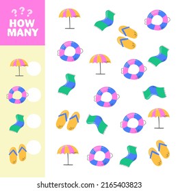 Counting game, how many summer elements. Educational children game, printable worksheet, vector illustration