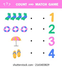 Counting game, how many summer elements. Educational children game, printable worksheet, vector illustration. How many - count and match.