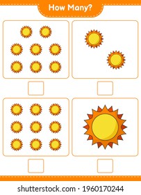 Juego de cuenta, cuántos juegos Sun. Niños educativos, hoja de cálculo imprimible, ilustración vectorial