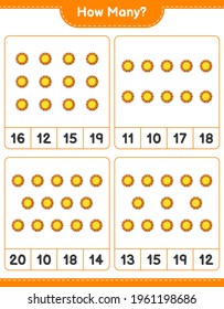 Counting game, how many Sun. Educational children game, printable worksheet, vector illustration