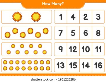 Counting game, how many Sun. Educational children game, printable worksheet, vector illustration