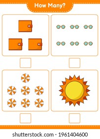 Juego de conteo, cuántos Sun, Beach Umbrella, Wallet y gafas de sol. Juego infantil educativo, hoja de cálculo imprimible, ilustración vectorial