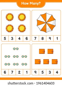 Juego de conteo, cuántos Sun, Beach Umbrella, Wallet y gafas de sol. Juego infantil educativo, hoja de cálculo imprimible, ilustración vectorial