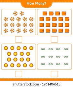 Counting game, how many Sun, Beach Umbrella, Wallet, and Sunglasses. Educational children game, printable worksheet, vector illustration