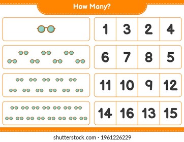 Counting game, how many Sunglasses. Educational children game, printable worksheet, vector illustration