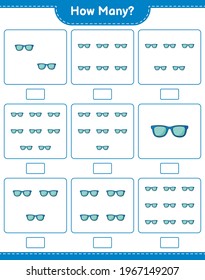Counting game, how many Sunglasses. Educational children game, printable worksheet, vector illustration