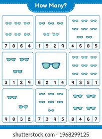 Counting game, how many Sunglasses. Educational children game, printable worksheet, vector illustration