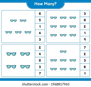Counting game, how many Sunglasses. Educational children game, printable worksheet, vector illustration