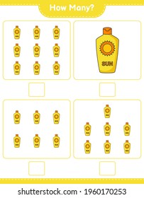 Contando juego, cuántos Sunscreen. Juego infantil educativo, hoja de cálculo imprimible, ilustración vectorial