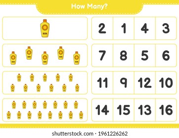 Counting game, how many Sunscreen. Educational children game, printable worksheet, vector illustration