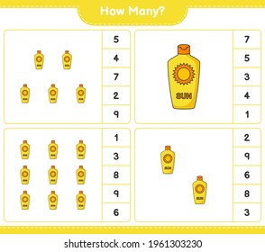 Counting game, how many Sunscreen. Educational children game, printable worksheet, vector illustration