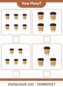 Contando el juego, cuántos Tea Cup. Juego infantil educativo, hoja de cálculo imprimible, ilustración vectorial