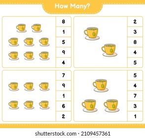 Counting game, how many Tea Cup. Educational children game, printable worksheet, vector illustration
