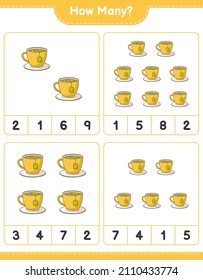 Contando el juego, cuántos Tea Cup. Juego infantil educativo, hoja de cálculo imprimible, ilustración vectorial