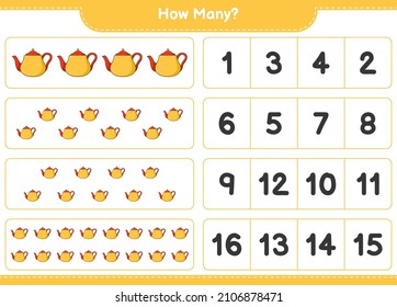 Counting game, how many Teapot. Educational children game, printable worksheet, vector illustration