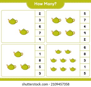 Counting game, how many Teapot. Educational children game, printable worksheet, vector illustration