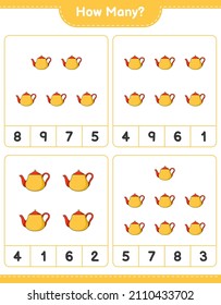 Contando el juego, cuántas teteras. Juego infantil educativo, hoja de cálculo imprimible, ilustración vectorial