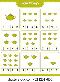 Counting game, how many Teapot. Educational children game, printable worksheet, vector illustration