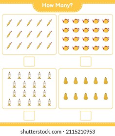 Juego de conteo, cuántos Teapot, Candle, Butternut Squash y Umbrella. Juego infantil educativo, hoja de cálculo imprimible, ilustración vectorial