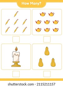 Counting game, how many Teapot, Candle, Butternut Squash, and Umbrella. Educational children game, printable worksheet, vector illustration