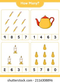 Counting game, how many Teapot, Candle, Butternut Squash, and Umbrella. Educational children game, printable worksheet, vector illustration