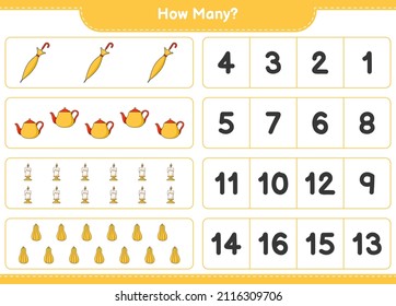 Counting game, how many Teapot, Candle, Butternut Squash, and Umbrella. Educational children game, printable worksheet, vector illustration