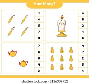 Juego de conteo, cuántos Teapot, Candle, Butternut Squash y Umbrella. Juego infantil educativo, hoja de cálculo imprimible, ilustración vectorial