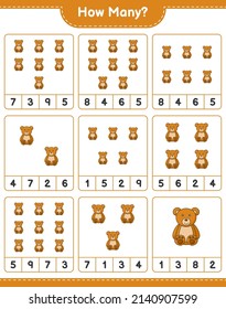 Contando el juego, cuántos Teddy Bear. Juego infantil educativo, hoja de cálculo imprimible, ilustración vectorial