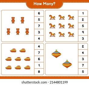 Counting game, how many Teddy Bear, Rocking Horse, Boat, and Whirligig Toy. Educational children game, printable worksheet, vector illustration
