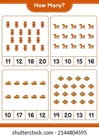 Counting game, how many Teddy Bear, Rocking Horse, Boat, and Whirligig Toy. Educational children game, printable worksheet, vector illustration
