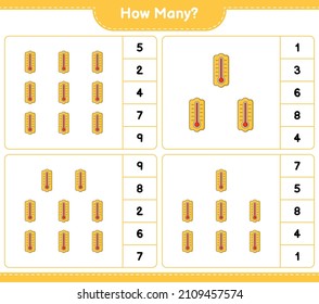 Counting game, how many Thermometer. Educational children game, printable worksheet, vector illustration