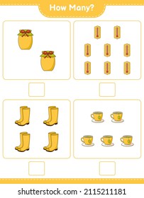 Counting game, how many Thermometer, Rubber Boots, Tea Cup, and Jam. Educational children game, printable worksheet, vector illustration