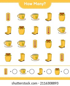 Counting game, how many Thermometer, Rubber Boots, Tea Cup, and Jam. Educational children game, printable worksheet, vector illustration