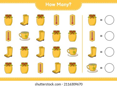 Juego de conteo, cuántos Thermometer, Boots de goma, Té Cup y Jam. Juego infantil educativo, hoja de cálculo imprimible, ilustración vectorial