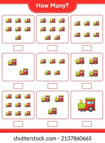 Contando el juego, cuántos trenes. Juego infantil educativo, hoja de cálculo imprimible, ilustración vectorial