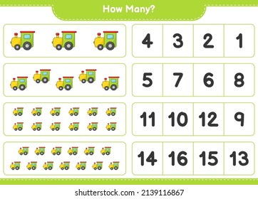 Counting game, how many Train. Educational children game, printable worksheet, vector illustration
