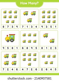 Counting game, how many Train. Educational children game, printable worksheet, vector illustration