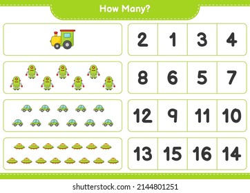 Counting game, how many Train, Robot Character, Car, and Ufo. Educational children game, printable worksheet, vector illustration