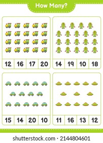 Counting game, how many Train, Robot Character, Car, and Ufo. Educational children game, printable worksheet, vector illustration