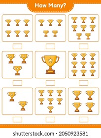Counting game, how many Trophy. Educational children game, printable worksheet, vector illustration