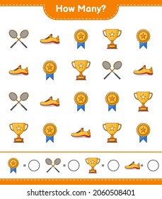 Counting game, how many Trophy, Running Shoes, and Badminton Rackets. Educational children game, printable worksheet, vector illustration