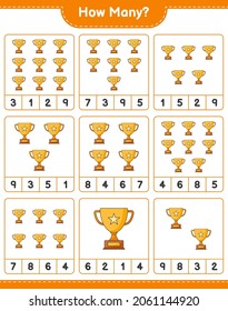 Counting game, how many Trophy. Educational children game, printable worksheet, vector illustration