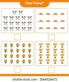 Counting game, how many Trophy, Running Shoes, and Badminton Rackets. Educational children game, printable worksheet, vector illustration