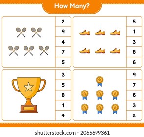 Counting game, how many Trophy, Running Shoes, and Badminton Rackets. Educational children game, printable worksheet, vector illustration