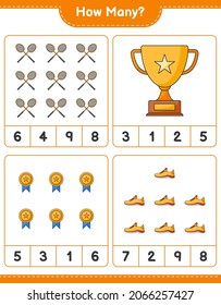 Counting game, how many Trophy, Running Shoes, and Badminton Rackets. Educational children game, printable worksheet, vector illustration